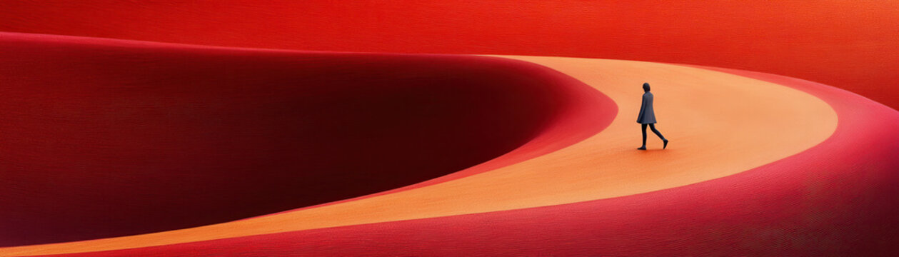 Lone figure walking on smooth curved pathway surrounded by vibrant red and orange abstract shapes, evoking sense of solitude and contemplation