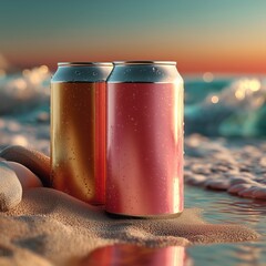 Chilled iced tea cans resting in warm sand at sunset by the ocean