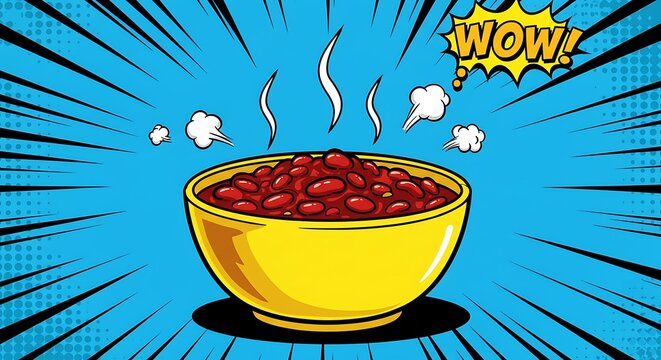 Vibrant Pop Art Bowl of Steaming Hot Red Beans with 'WOW!' Speech Bubble on Comic Burst Background