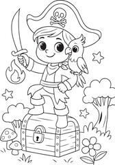 Cute cartoon pirate child with parrot on shoulder stands proudly on treasure chest