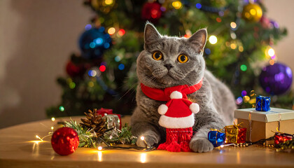cat with christmas tree