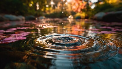 Water droplets creating ripples on a pond surface with colorful reflections and lily pads around it