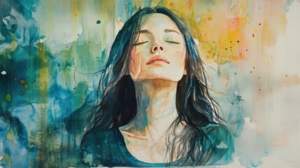 Young Asian woman in peaceful watercolor painting artwork
