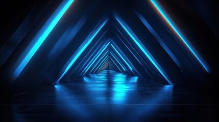 Futuristic dark corridor with glowing blue triangular light patterns creating depth and reflective floor, evoking a mysterious and high-tech atmosphere