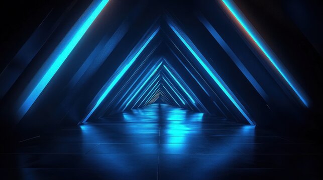 Futuristic dark corridor with glowing blue triangular light patterns creating depth and reflective floor, evoking a mysterious and high-tech atmosphere