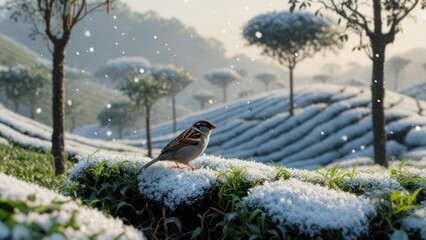 A solitary sparrow perches on a snow-covered branch amidst a serene winter landscape with rolling hills and trees.