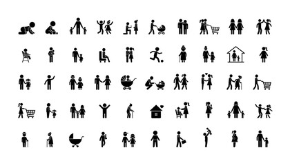 Stickman family icons set. Collection of pictogram illustrations showing parents, children, baby care, parenting, shopping, playing, and home activities. Vector design for lifestyle and community.