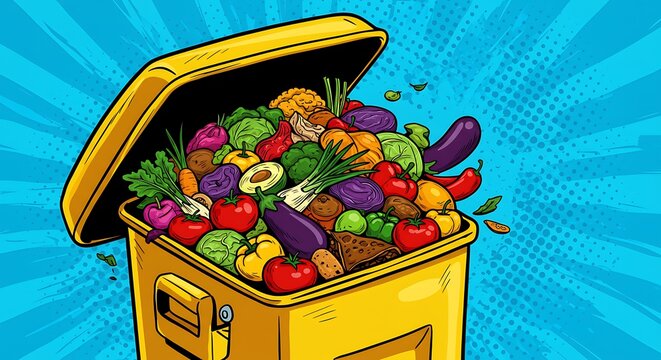 Pop Art Food Waste Bin Overflowing with Fresh Fruits and Vegetables - Environmental Issue