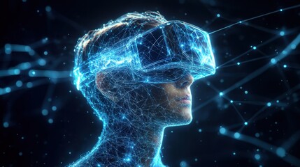 Young man experiencing virtual reality in digital environment