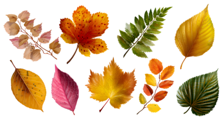 Collection of assorted colorful autumn leaves set various shapes isolated on transparent background, botanical decorative illustration

