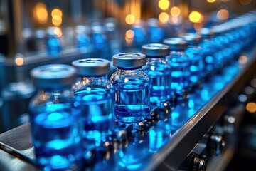 Close-up view of multiple transparent glass vials filled with blue liquid lined up on a conveyor belt in a sterile industrial setting under warm lighting