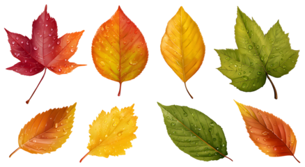 Collection of assorted colorful autumn leaves set various shapes isolated on transparent background, botanical decorative illustration

