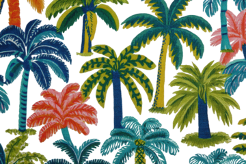 Colorful Palm Tree Pattern on Black Background Tropical Design with Green Blue Red and Yellow Foliage Seamless Repeat for Fashion Home Decor Wallpaper Textile and Summer Theme