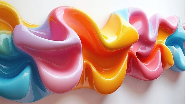 Colorful shiny smooth flowing ribbon-like abstract shapes in bright vibrant orange, pink, red, blue, and yellow hues with glossy surfaces - Powered by Adobe