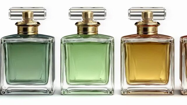 Four square perfume bottles with gold caps arranged in a row.