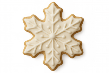 Snowflake cookie with white royal icing and natural gingerbread dough depicting winter holiday season