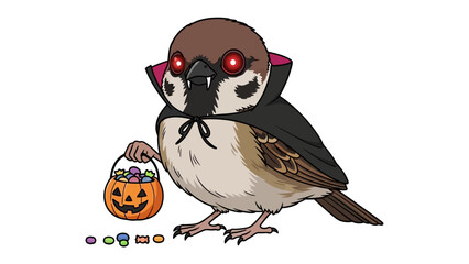 Halloween Sparrow: A charming cartoon sparrow, adorned in a cape and holding a jack-o'-lantern candy bucket, invites viewers into a world of festive delight and whimsical cheer.