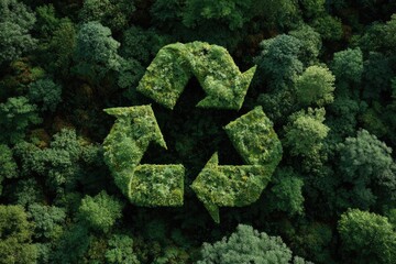 A recycling symbol formed from greenery within a dense forest.  Aerial view shows the symbol embedded within the foliage