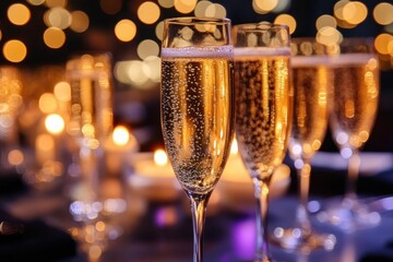 Close-up of multiple champagne flutes filled with sparkling golden beverage with blurred warm bokeh lights in the background creating elegant festive atmosphere
