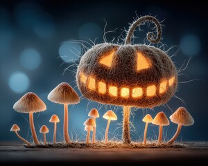 A cozy, misty forest scene with tiny, bioluminescent mushrooms forming a jack-o'-lantern face