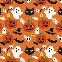 Fototapeta premium Seamless pattern of Halloween pumpkins ghosts bats skulls