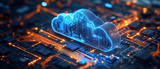 Glowing blue holographic cloud icon hovering above a detailed futuristic motherboard with illuminated orange circuit pathways representing cloud computing and data technology