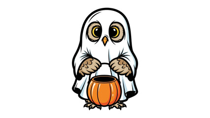 Owl in Halloween Costume: A charming owl dons a playful Halloween costume, embracing the spirit of the season with a whimsical pumpkin, against a simple background.