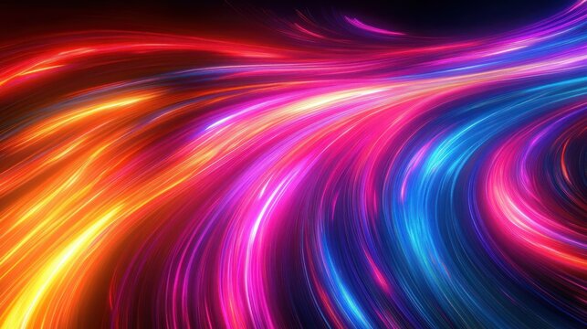 Dynamic colorful light trails creating smooth flowing lines with vibrant red, orange, pink, purple, and blue hues evoking energy and motion