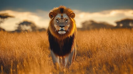 Majestic male lion with a thick mane walking through golden savannah grass during a dramatic sunset