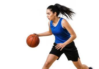 Young woman playing basketball isolated on transparent background