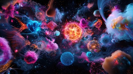 Colorful abstract cosmic formations with glowing spheres in space