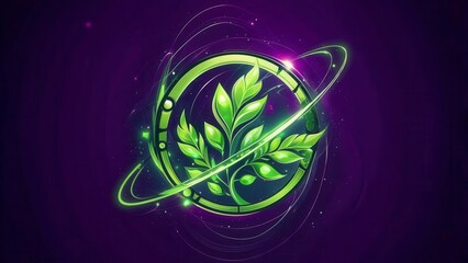 Futuristic glowing green plant emblem with orbiting light rings on a cosmic purple background representing eco innovation