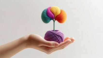 Hand holding a ball of purple yarn sprouting colorful abstract leaves in a surreal minimalist composition