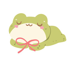 Cute Frog Clipart, Kawaii Sleeping Frog Illustration with Bow, Adorable Pastel Animal Graphic, Cartoon Amphibian Digital Art