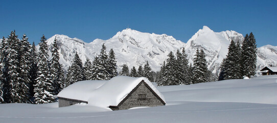 Idyllic winter landscape in the Toggenburg Valley, Switzerland.