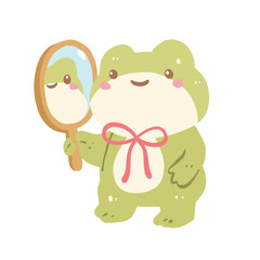 Cute Frog Clipart, Kawaii Frog Illustration with Mirror, Adorable Pastel Animal Graphic, Cartoon Amphibian Digital Art