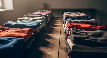 Neatly folded stacks of colorful clothing arranged on wooden shelves, illuminated by soft natural light creating a warm and organized atmosphere.
