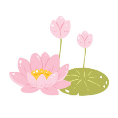 Naklejka premium Pink Lotus Flower Illustration, Water Lily with Buds and Leaf, Botanical Floral Clipart, Cute Nature Digital Art