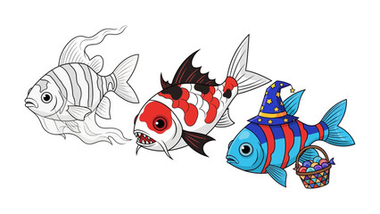 Playful Fish Trio: A colorful cartoon captures three whimsical fish in a variety of styles, with one sporting a magical hat and holding a basket. This illustration offers a cheerful ambiance.