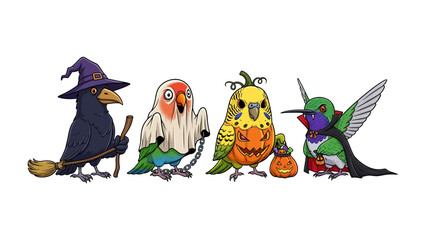 Halloween Birds Costume: A whimsical illustration showcases a lineup of adorable birds, each in a creative Halloween costume, ready to celebrate the spooky season with a mix of fun.