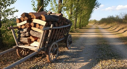 A rustic wooden cart laden with chopped firewood on a sunlit dirt road.