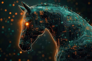 Glowing futuristic horse head made of intricate electronic circuits with illuminated orange and teal lights against a dark blurred background