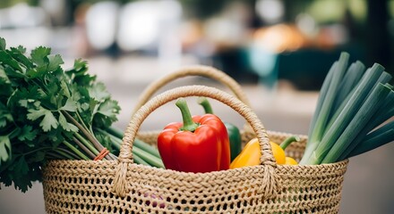 A woven straw bag overflowing with fresh, colorful vegetables like bell peppers, green onions, and leafy greens, set in a blurred outdoor market.