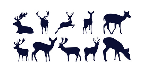 Deer silhouettes vector collection showing a variety of poses and antler shapes perfect for wildlife, nature, forest, and animal themed illustrations and logos