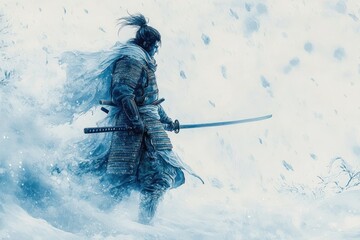 samurai warrior standing in a snowy landscape holding a katana sword with snow swirling around him in a cold and intense atmosphere