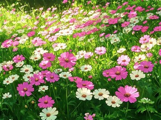 Fototapeta premium Bright and colorful field of blooming pink and white flowers under natural sunlight, creating a vibrant and lively spring atmosphere