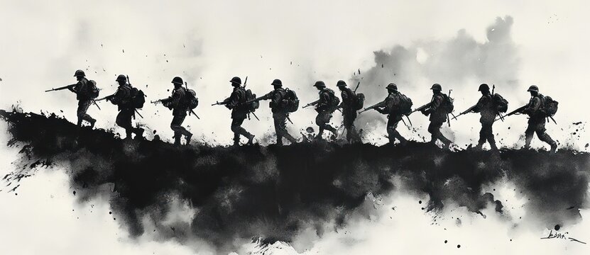 Black and white artistic silhouette of soldiers walking in line across a smoky, textured terrain, evoking a somber and intense mood of military movement