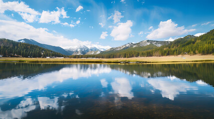 Mountain lake with snowcapped peaks and reflection