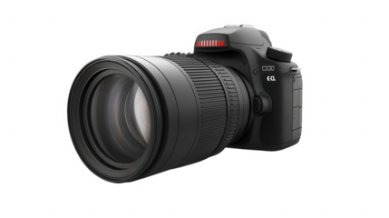 Digital camera with zoom lens isolated on transparent background in studio shot