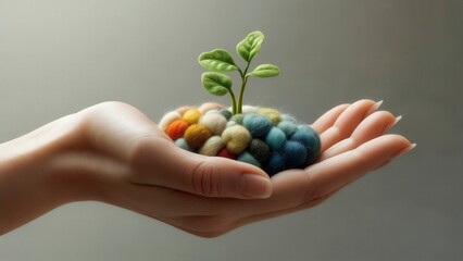 Photorealistic hand holding colorful woolen sphere with small plant sprouting symbolizing eco growth